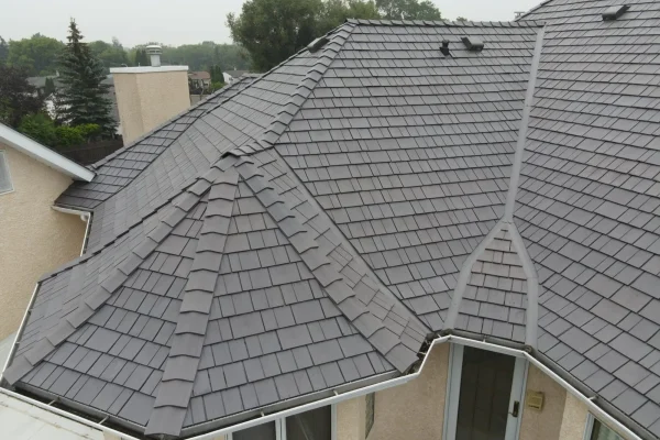View of roof with Enviroshake Silvered Cedar composite roof tiles.