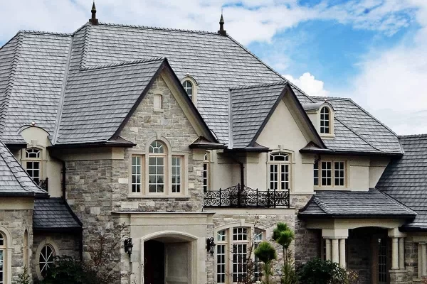 View of roof with Enviroshake Silvered Cedar composite roof tiles.