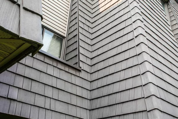 View of roof with Enviroshake Silvered Cedar composite roof tiles.