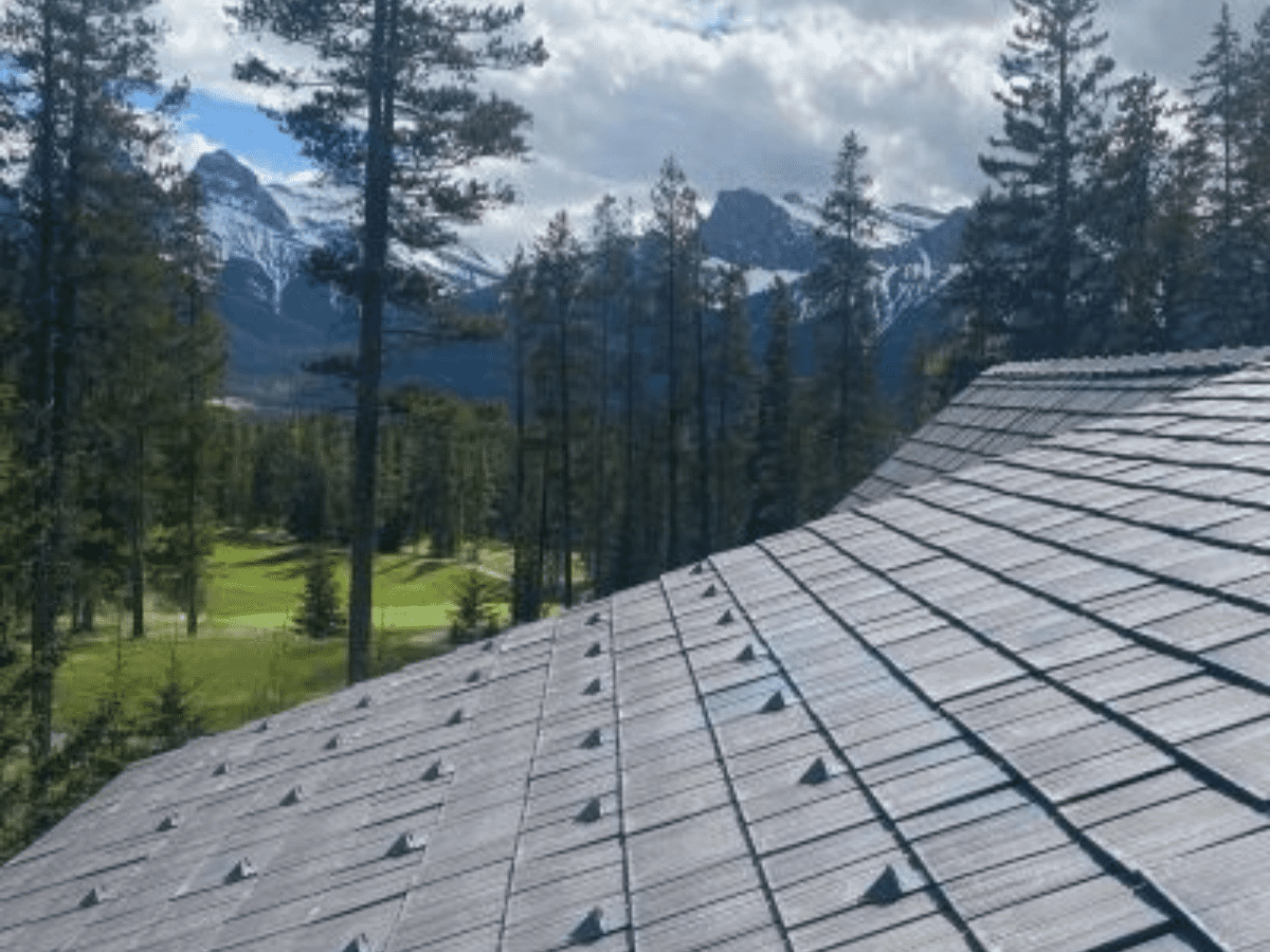Enviroshake composite roof aluminum snow guards, overlooking vast mountains and coniferous trees