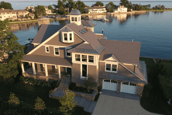 View of roof with Enviroshake Aged Cedar composite roof tiles.