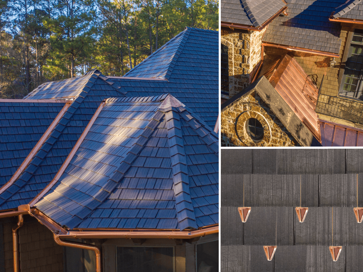 Close-up of dark Enviroshake roof with copper flashing and textured composite shingles.