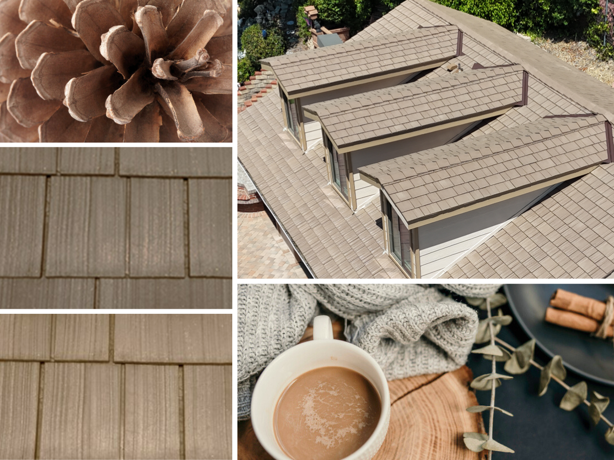 Collage of Enviroshake colours that match the fall aesthetic with pine cones and lattes