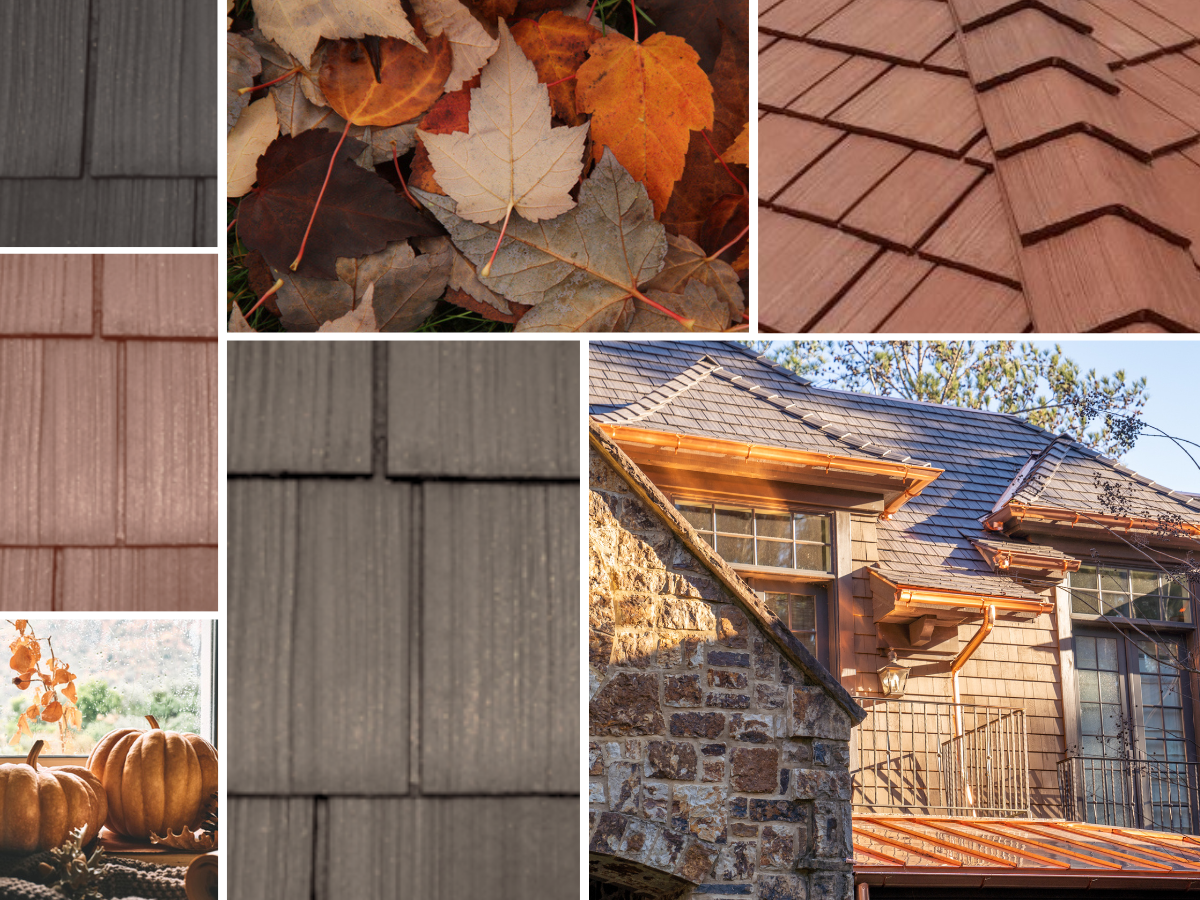 Collage of Enviroshake Aged Cedar and Enviroshake Terracotta in a fall setting.