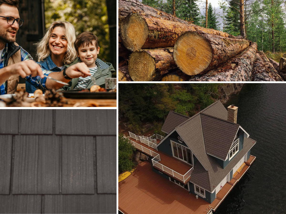Aerial view of boat house with Enviroshake Aged Cedar, along with lifestyle shots.