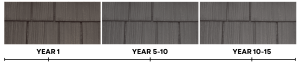 A collage showing the difference in colour of an Enviroshake roof from year 1 to 15