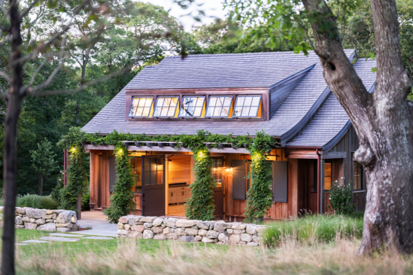 View of roof with Enviroshake Aged Cedar composite roof tiles.