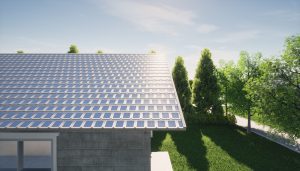 3d rendering of eco home or house building designs and green power energy consist of solar cell or photovoltaic cell in solar shingles or photovoltaic shingles on house building. System technology for generate electrical power or direct current electricity by light or sunlight.