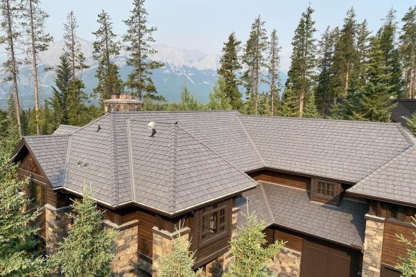 View of roof with Enviroshake Aged Cedar composite roof tiles.