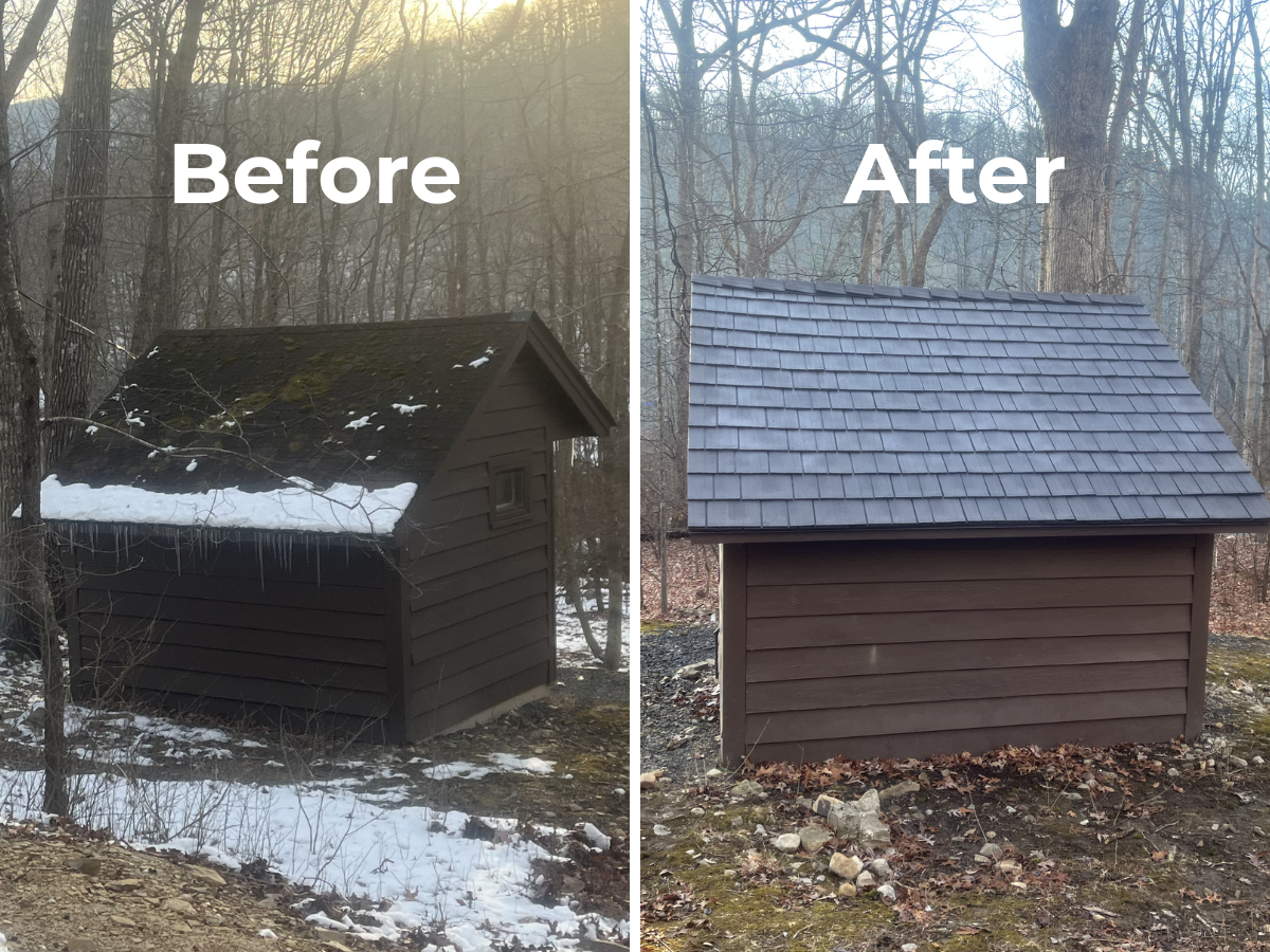 Before and after image of shed with newly-installed Enviroshake Aged Cedar