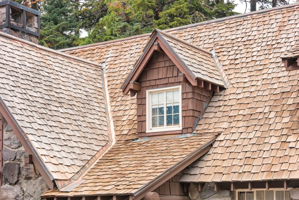 Gable fronted dormer window and wood shingled roof