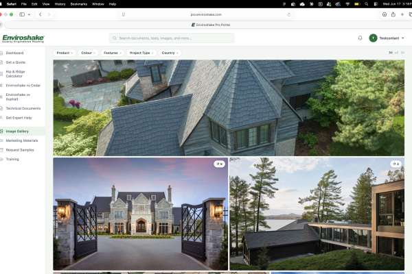 View of roof with Enviroshake Aged Cedar composite roof tiles.