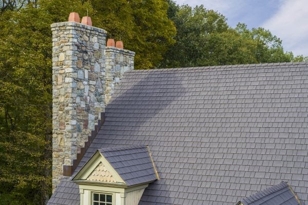 View of roof with Enviroshake Aged Cedar composite roof tiles.